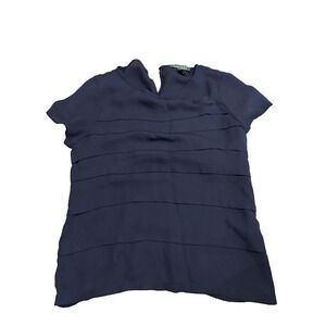 Lauren Ralph Lauren Women's Navy Tiered Short-Sleeve Sheer Blouse Top Size Small